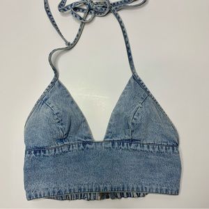 Zip back denim halter crop top